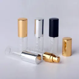 Speicherflaschen 50pcs 5 ml transparent dünne Glas Aluminiumdüse feine Nebel Probe Sprühflasche tragbare Mini -Parfüm -Atomizer Gold Silber