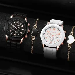 Нарученные часы 4pcs Fashion Simple Set Watchtes Luxury Men Women Silicone лента Quartz Watch for Silver Business Casual Bracelet Bristche Chwatch
