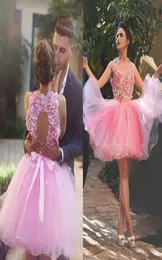 Affascinante tulle rosa Short Homecoming Dresses 3D Flowers senza maniche Top Open Back Cocktail Party Abet Short Prom Dress1763816