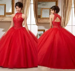 Crew pescoço de tripulação doce 16 Masquerad Red Ficaded Quinceanera vestidos de renda com os vestidos de baile de renda Tulle Ragazza Dress7526380