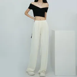 Pantaloni da donna con coulsante elastico di seta di ghiaccio a gamba larga pantaloni dritti a vita alta elastico pantalone oversize