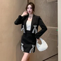 Work Dresses Skirt Suits Women 2024 Autumn Heavy Industry Bow Suit Collar Short Coat Sweet Temperament Plaid Two-Piece Sets