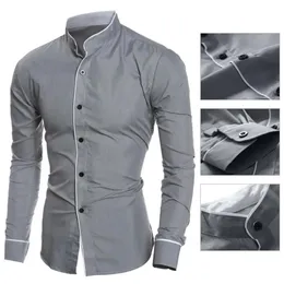 Mens Slim Fit Shirt Classic Solid Simple Standing Neck Personalized Spliced Bottom Versatile Casual Top 240322