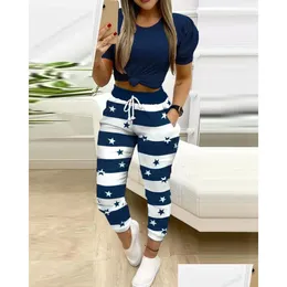 Tracce femminili da donna donna modella casual set a due pezzi si adatta a vestiti autunnali femminile a maniche corte a strisce a strisce dstring drop dhxei