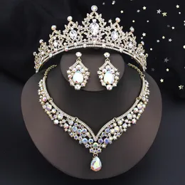 Blue Small Tiaras Dubai Jewelry Sets for Women Bridal Wedding Crown and Necklace earrings Girls 3 Pcs Costume Accessories 240401