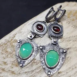 Dangle Earrings Large Oval Green Stone For Women Tibetan Silver Color Red Rhinestone Geometric Water Drop Earring Jewelry