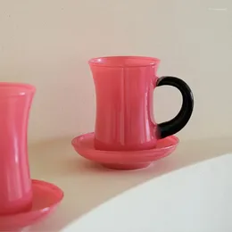 Tassen Ins Pink Glass Kaffee Tasse Untertasse kleiner Kapazität Vintage Stil Schwarz Griff Teetasse Retro Nachmittagstee