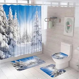 샤워 커튼 겨울 숲 커튼 세트 자연 조경 소나무 숲 눈이 내리는 안개가 자욱한 플란넬 목욕 매트 욕실 깔개 화장실 뚜껑 덮개