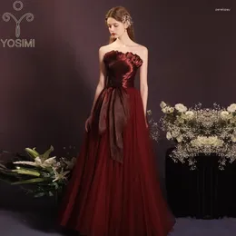 Lässige Kleider Yosimi-Strapless Fodenlange Mesh Ballkleid ärmellose A-Line-Geburtstagsfeier Hochzeit Langer Sommer Roter Gastgeber