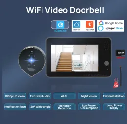 볼트 Tuya Smart Wi -Fi 비디오 초인종 1080p 눈 Peephole 카메라 5000mAh 3MP 오디오 인터콤 4.3 PIR 적외선 Alexa Call Door Viewer