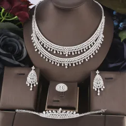 Narzędzia Janekelly 4pcs Bridal Crironia Pełne zestawy biżuterii na imprezę dla kobiet, luksusowe Dubaj Nigeria CZ Crystal Wedding Biżuteria