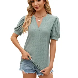 Europa und die Vereinigten Staaten grenzüberschreitender Außenhandel Frühling und Sommer Neue Feste Farbe V-Ausschnitt Bubble Sleeve Kurzarm Lose T-Shirt Bluse Frau