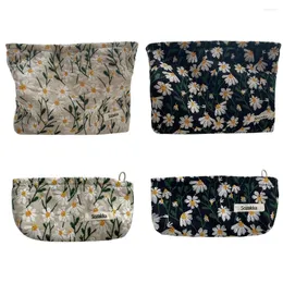 Cosmetic Bags Daisy Flower Travel Organizer Embroidery Pencil Case Canvas Stationery Zipper Portable For Women Girl