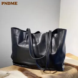 PNDME casual luxury soft genuine leather womens black tote bag weekend shopping real cowhide female largecapacity shoulder 240329