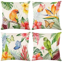 Linen Throw Pillow Cover 18x18 Inch Spring Vintage Watercolor Birds Flowers Green Plants Home Decor Pillowcase Square Cushion Cover for Sofa Bed Couch