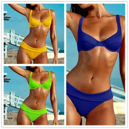 2024 New Womens Solid Color Steel Suporte Sexy Off Back Split Bikini Swimsuit