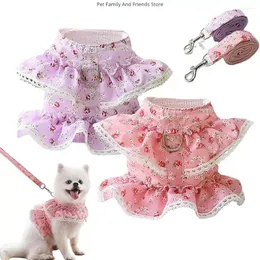 Dog Collars Dress Harness Vest With Leash Set Pink Flower Puppy Cute Pet Outdoor Walking For Girl Chihuahua Yorkie Teddy