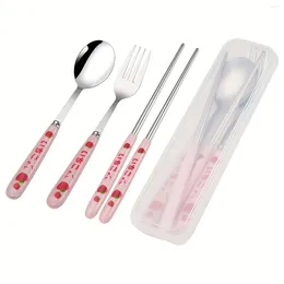 Servis uppsättningar 3st stål knifes gaffel sked set familj rese camping cutlery eyeful four-stycken kit med fodral