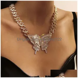 Anhänger Halsketten Frauen Schmetterling Bling aus kubanischen Verbindungsketten Luxus Gold Sier Kristall Strass Hip Hop Halskette Mädchen P Dhokq