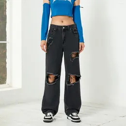 Women's Jeans Black Ripped Straight Leg High Waisted Wide Denim Trousers Female Street Wear Solid Color Casual Baggy Pants