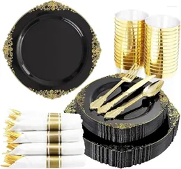 Disposable Dinnerware 350pcs Black And Gold Plastic Plates With Silverware For 50 Guests Include Dinner Dessert