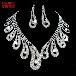 Ainameisi Luxus Kristall Brautschmuck Sets Strass versilbert Hochzeitshochzeiten Charme Halskette Ohrringe für Frauen 240401