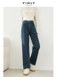 Jeans feminino Vimly Codtery High Wide perna larga mulher 2024 Inverno grossa de jeans quente Pesca direta Longo Lenga de calças casuais 16500