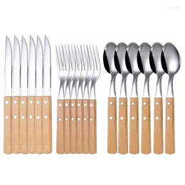 Dinnerware Sets Set 304 Stainless Cutlery Wooden Handle Japanese Korean Kitchen Supplies El Steak Knife Fork Eco Friendly