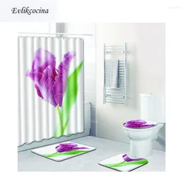 Bath Mats 4Pcs Purple White Flowers Banyo Bathroom Mat Set Nonslip Tapete Banheiro Washable Toilette Rugs Alfombra Bano