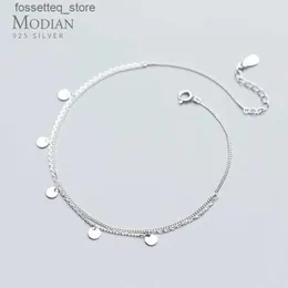 Anklets Modian Simple Double Layer Link Chain Anklet For Women Real 925 Sterling Silver Geometric Sequins Anklet Fashion Fine Jewelry L46