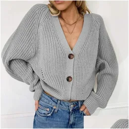 Frauen Wolle Mischungen Frauen Frauen solide lässige Pullover übergroße V -Hals -Strick -Strickjacke 2021 Herbstknopf Frauenmantel Drop Lieferung DHQDE