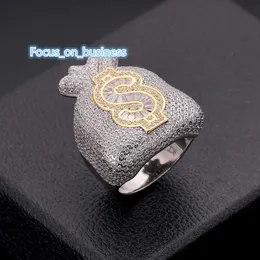 2022 Hip Hop iced out cz moissanite diamond baguette money bag dollar symbol sign 14K gold plated rapper fashion jewelry rings m