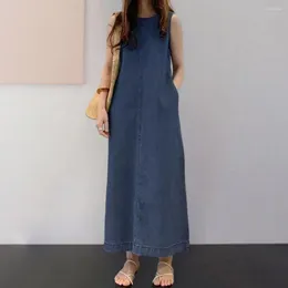 Casual Dresses Loose Maxi Dress Elegant With Pockets For Women Solid Color O Neck Ankle Length Lady Dating Soft H-shaped Vest