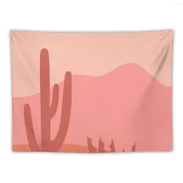 태피스트리 파스텔 핑크 사막 풍경 선인장 실루엣 산 흑백 색상 태피스트리 장식 미학적 집