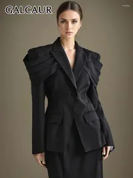 Ternos femininos Galcaur Solid Patchwork dobra blazers para mulheres laple de manga comprida Botão único temperamento Blazer feminino 2024