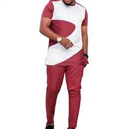 Summer Mens Red Stripe Suit Short Rleeves Ustaw patchworki z pant Męski Nigeryjski projekt mody African Groom Party Stroje 240329