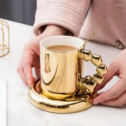 Tassen Untertassen 300-400ml Buntes Perlmutt Keramik Kaffee Tasse Gold Tasse Saucer Leichte Luxus nordische Stil Tee Frühstück Wasser