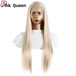 13*2.5 Spitze vorne Perücke Langes gerade blondes Haar synthetische natürliche Handhäkeln Haarstück Cosplay Girl Perücken synthetische Spitzenperücke Handimplantes Haar Perücken