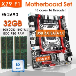 Casi X79F1 3.0 Kit combinato della scheda madre LGA 2011 Xeon E5 2690 CPU 4PCS X 8GB = 32 GB Memoria DDR3 ECC RAM 1600MHz Set USB3.0 SATA3