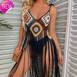 2024 Wysokiej jakości designerski stroje kąpielowe Women Crochet Boho Coho Up Sexy pusta fringe hem sukienka na plażę Summer Kambla