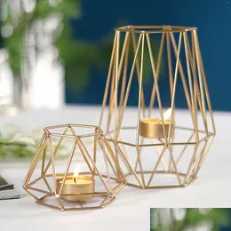 Candle Holders European Luxury Golden Hollow Hexagon Iron Holder Modern Home Decoration Living Room Desktop Stick Stand Ornaments Dr Dhej9