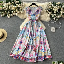 Basic Casual Kleider Sommer Runway Urlaubskleid Frauen Rüschen V-Ausschnitt Ärmel und hohe Taille Blumendruck Vintage Party Langes Vestid Dhjqq