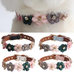 Dog Collars Pet Adjustable PU Collar For Small Medium Dogs Shiny Lovely Colorful Flowers With Diamonds Necklace