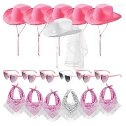 Basker Cowgirl Hat Solglasögon Kerchief Set för bruddusch Bachelorette Party Bride and Bridesmaids With Veil