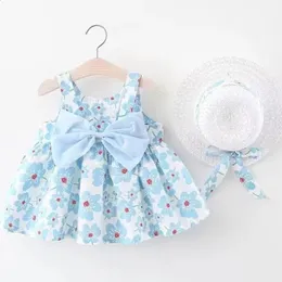 Mädchen Blumenkleid süßes Sommer Bow Kleinkind Strandkleid für Kinder im Alter von 0 bis 3 geborenen Bekleidung 2 Stück 240329