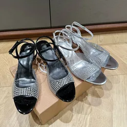Kvinnor ankel remsandaler kristalldekoration 5.5 cm chunky block häl slip på sandal aftonklänningskor lyxdesigners fabrikskor 34-42 med låda