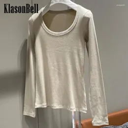 Женские футболки T 3,3 Klassonbell 2024 Spring Low Callar Ribbed Top для женщин Классический U-выстрел Slim Simple Aperatile с длинным рукавом