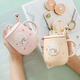 Cat Cup Kadınların Yeni Seramik Kupası Kapak Kaşık Kupaları Kahve Bardakları