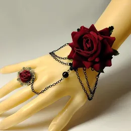Link Bracelets Red Rose Black Lace Bracelet And Ring Fashion Tassels Retro Gothic Halloween Jewelry
