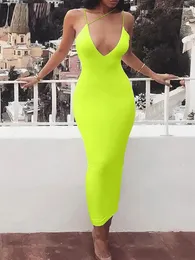 Sukienki swobodne Bangniweigou dojeżdżające eleganckie fluorescencja sukienka midi bodycon v szyja spaghetti pasek limonki zielone biuro lady shealth